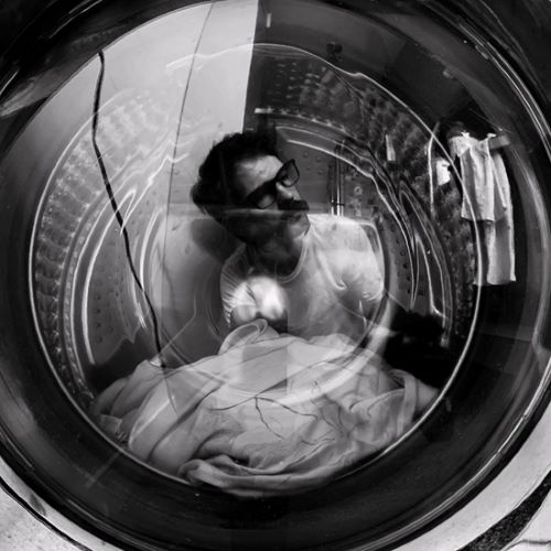 Black and White Self-Portrait at the  Washing machine.