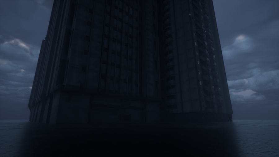 A tall dark building in a dark background. All colors in the image are different dessaturated tones of blue. The building is cut out by the framing, since the player is standing close to it.