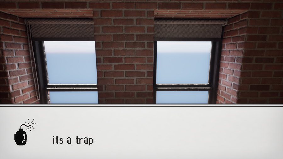 A 3D scenario of an office with tall windows and a brick wall. The room is well lit by the natural light coming from the windows. There's an UI element in front of it, displaying an pixelated icon of a bomb and the sentence “it's a trap”