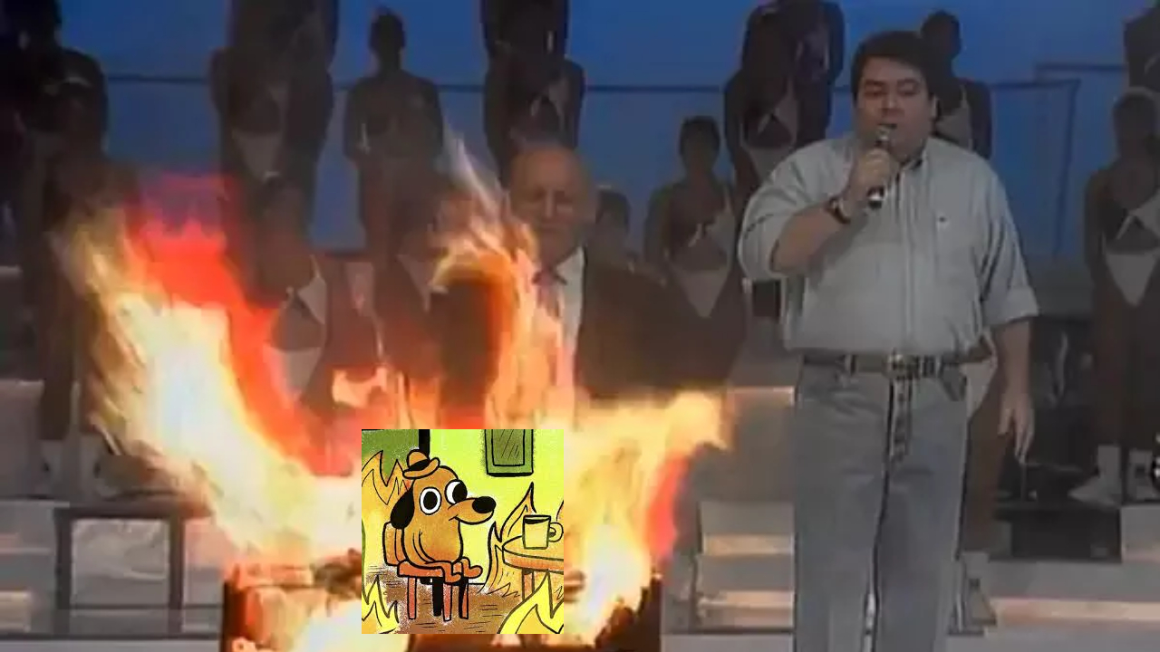 The this is fine meme dog inside a real fire during a brazilian tv show advertisement of an electric barbecue grill